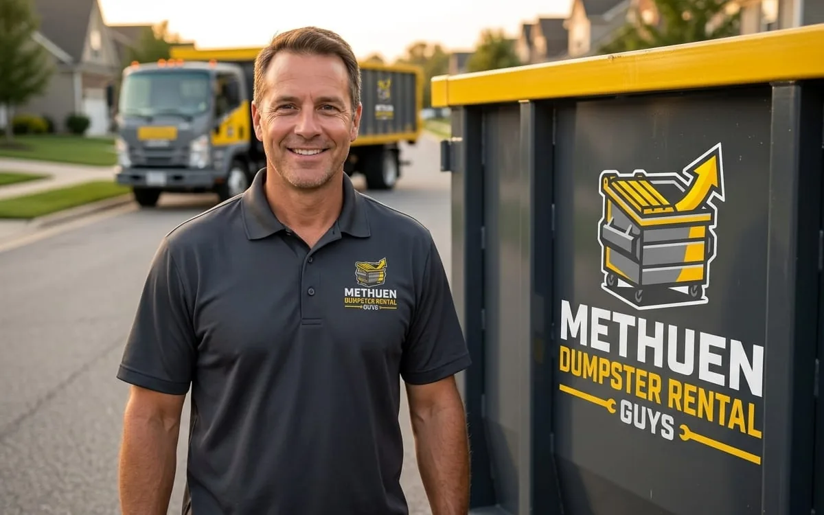 Methuen Dumpster Rental Guys container on a Merrimack Valley driveway
